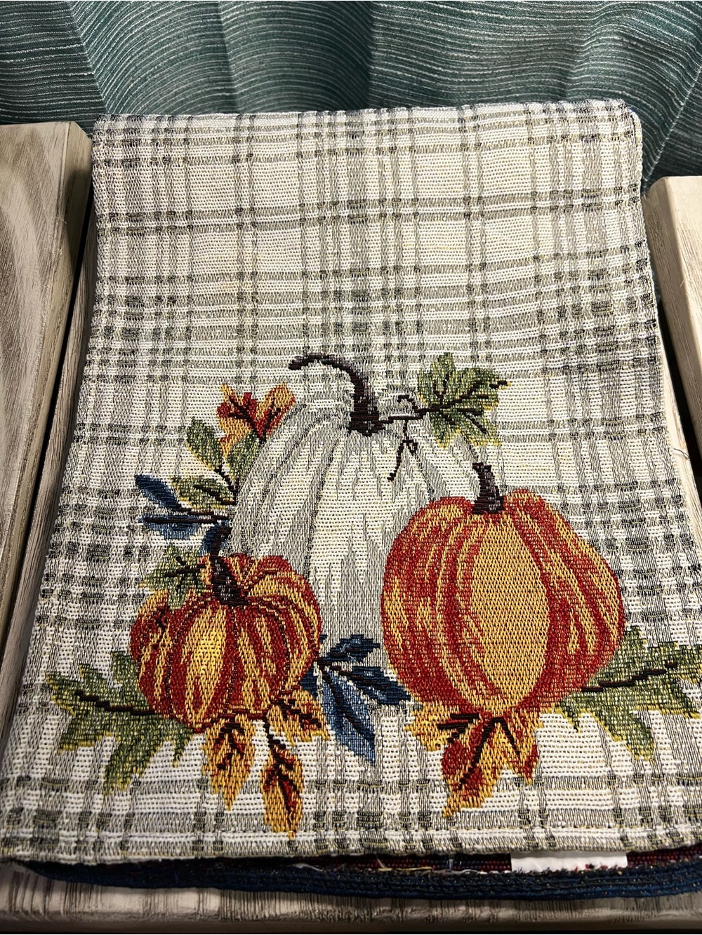 Fall Pumpkin Table Runner 72x12 Gray Plaid Woven Farmhouse Autumn Decor